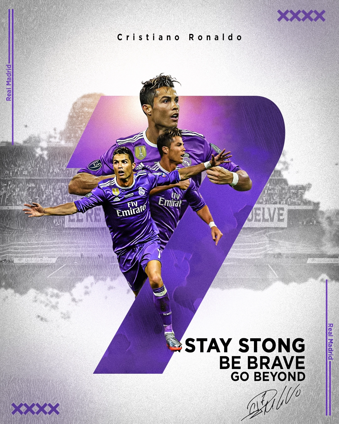Cristiano Ronaldo Real Madrid purple kit graphic poster with number 7 design