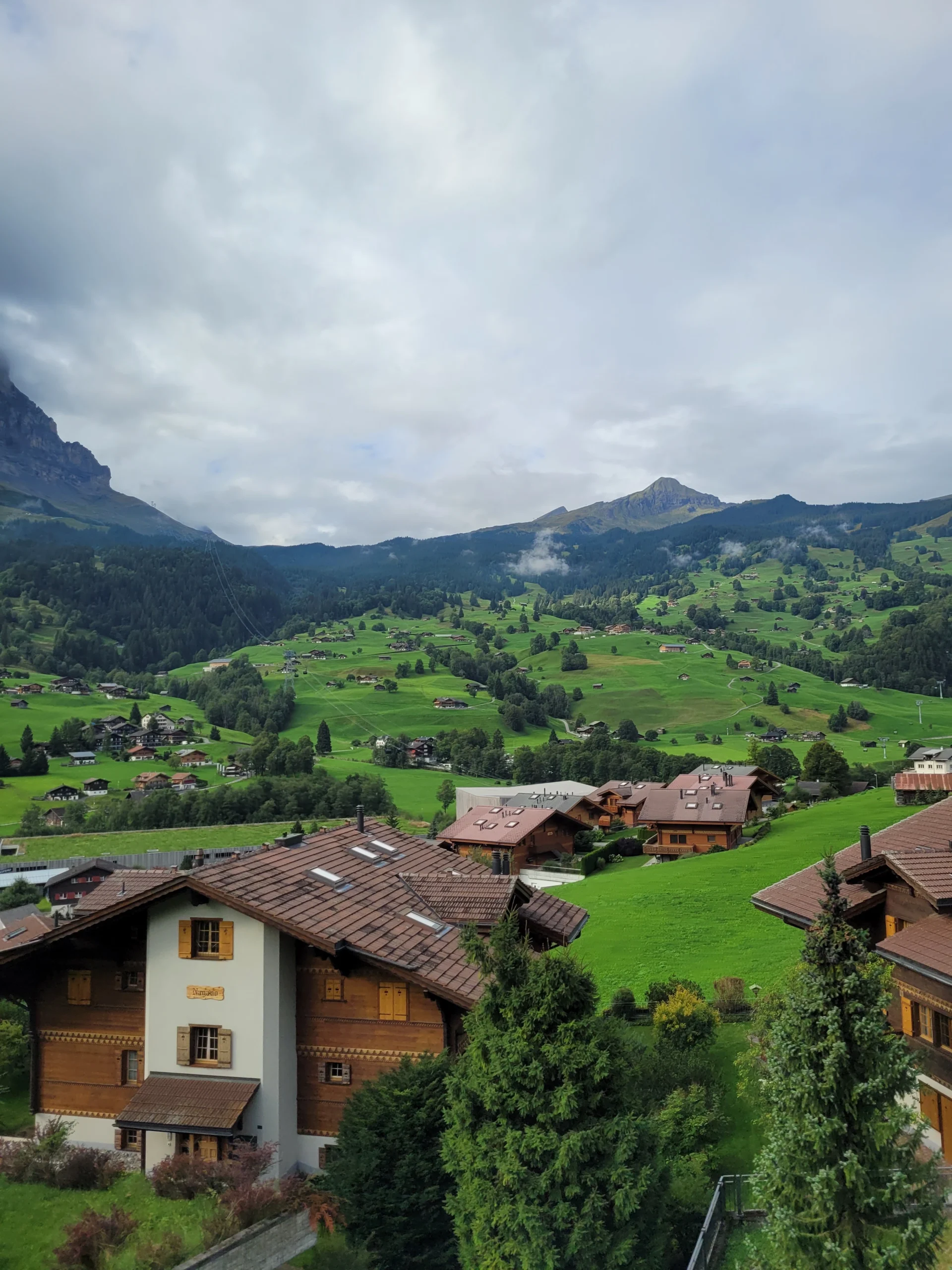 Green Swiss Alps valley with traditional wooden chalets